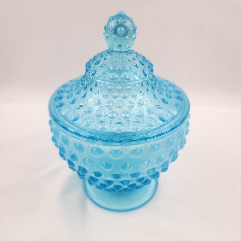 Vintage Fenton Art Glass Blue Opalescent Hobnail Candy Dish